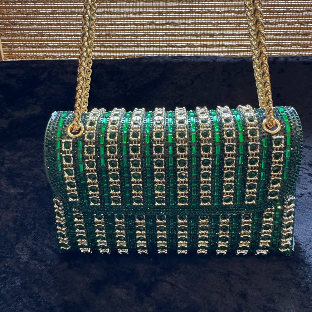 NEW Rhinestone Green Bag w/Gold Chain